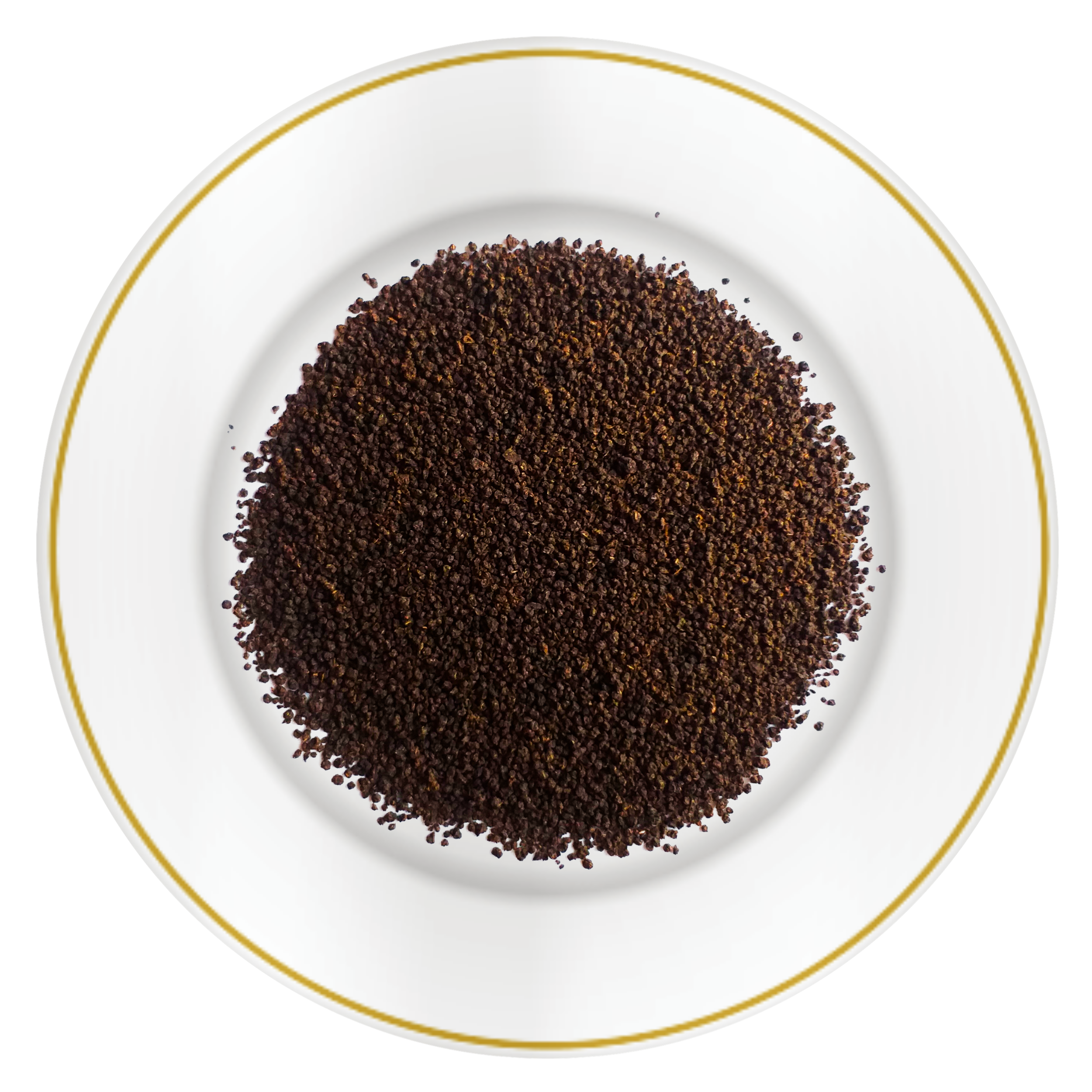 Close-up of Riverbeki Classic Assam Premium CTC Tea loose granules displayed on a white plate with gold rim, highlighting the bold rich CTC texture