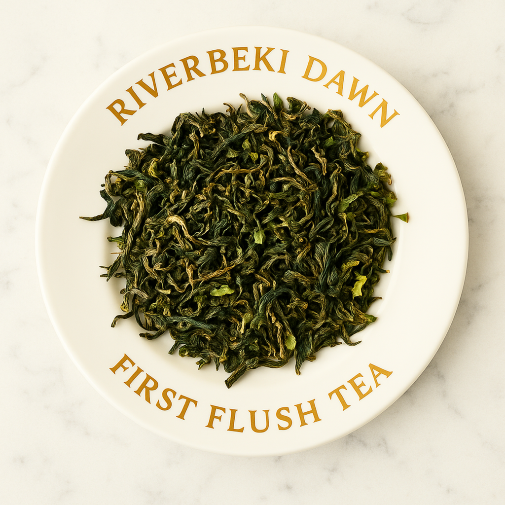 Riverbeki Dawn Darjeeling First Flush Loose Leaf Tea on White Plate
