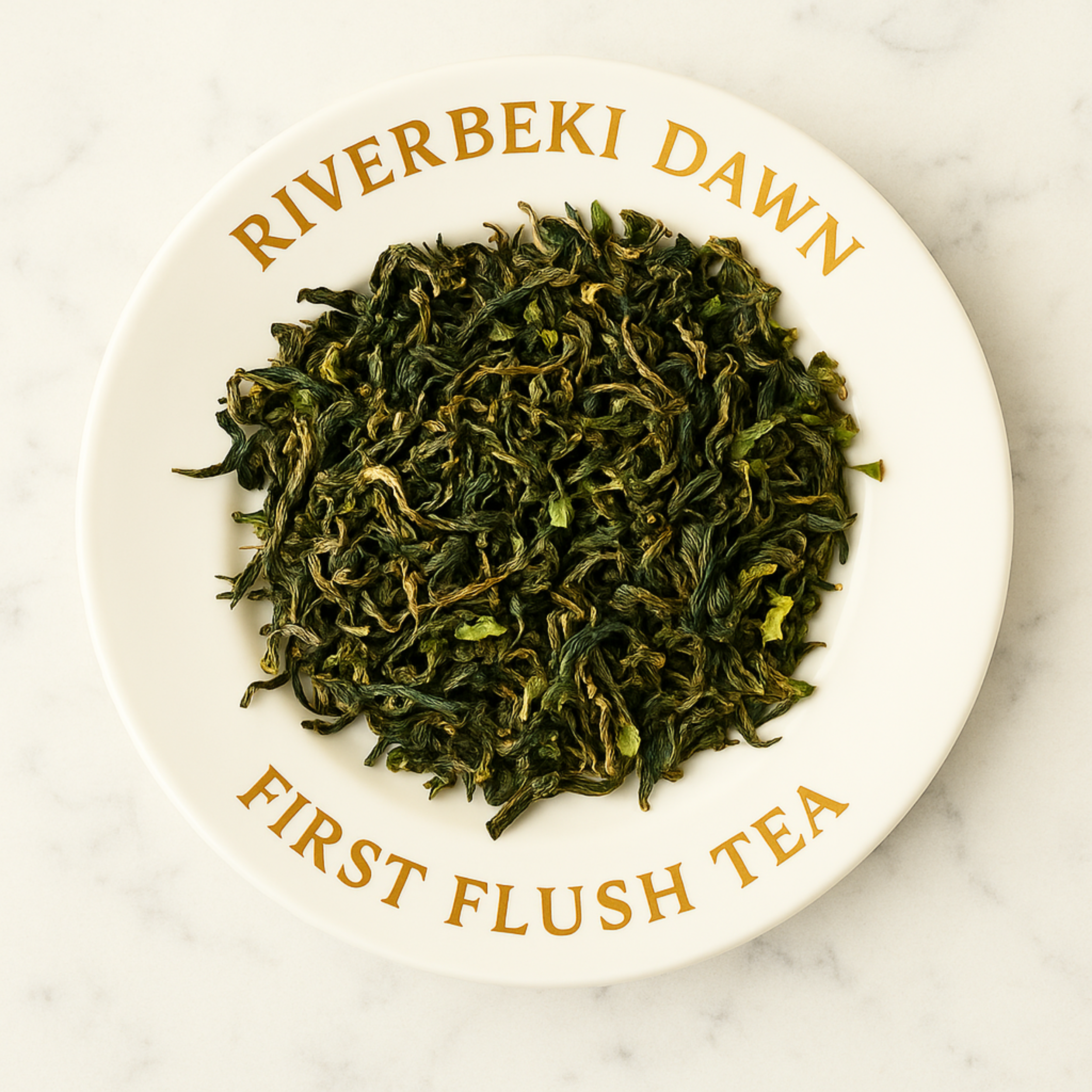 Riverbeki Dawn Darjeeling First Flush Loose Leaf Tea on White Plate