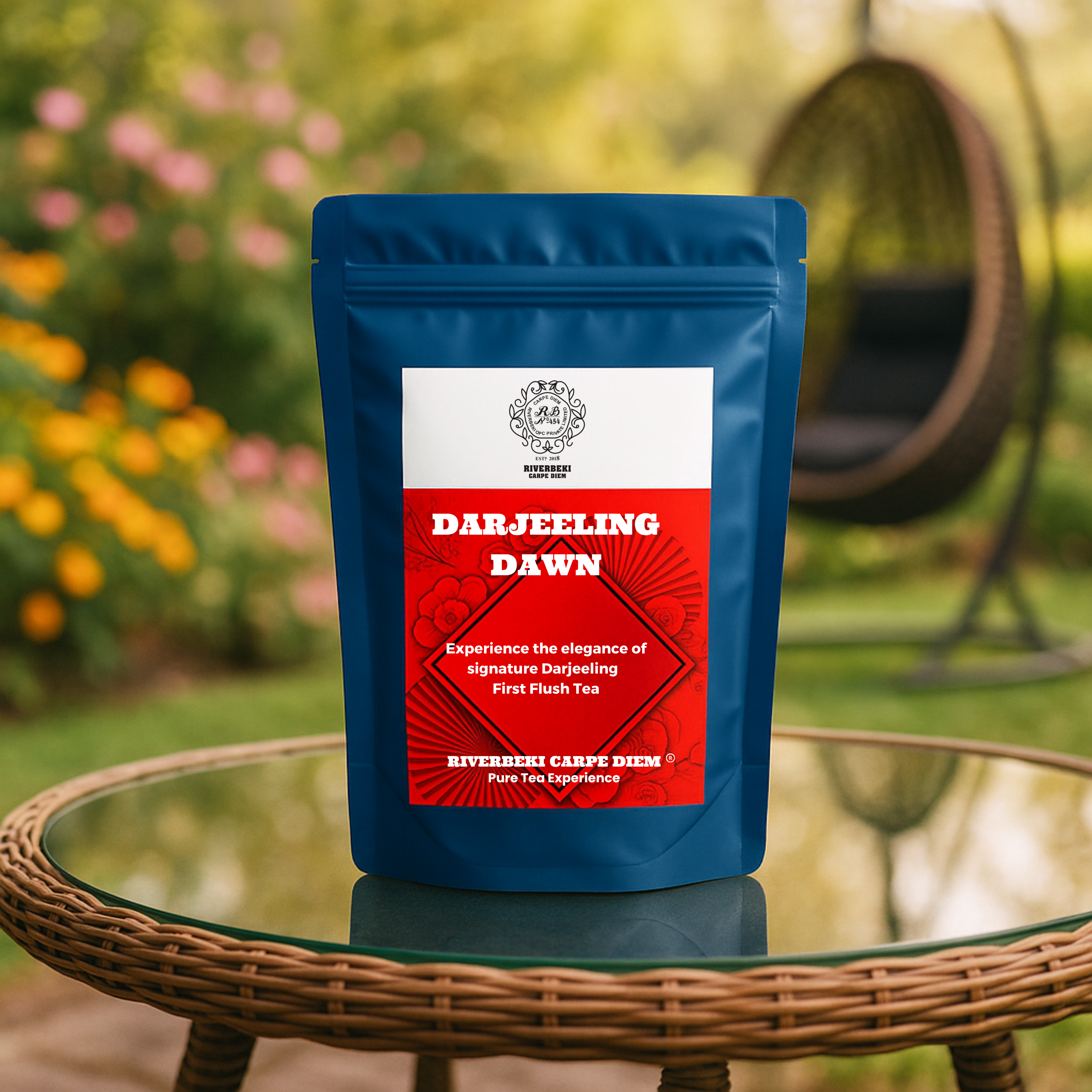 Riverbeki Dawn Darjeeling First Flush Tea 100gm Pack in Garden Setting