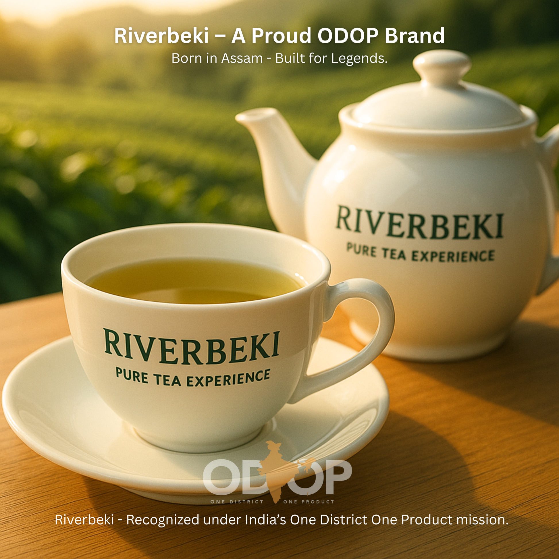 Riverbeki Green Tea – 100g premium pack showcased with brewed green tea in a branded cup