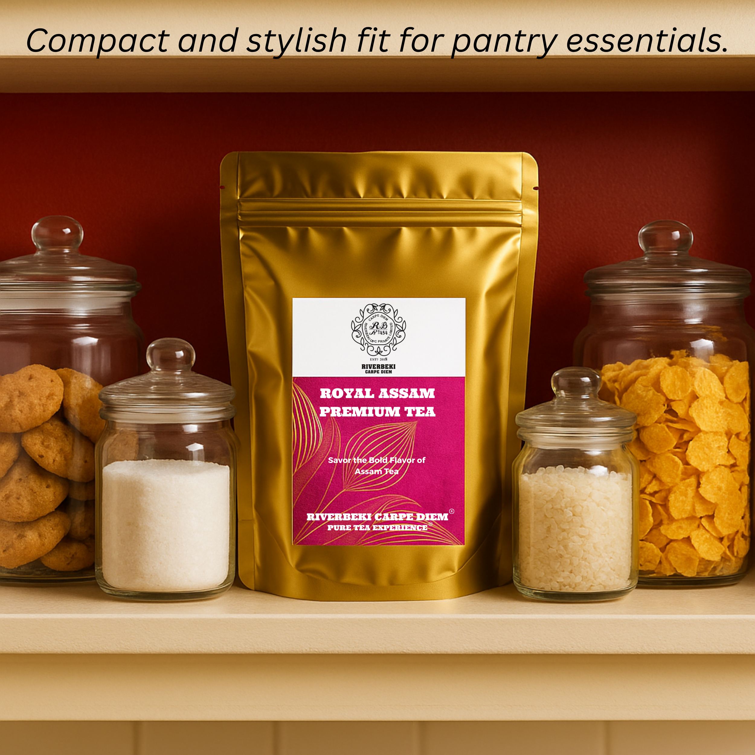 Resealable Riverbeki Golden Tea pouch of Royal Assam Premium Tea showing easy fit on kitchen shelf