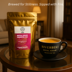 Royal Assam Premium Tea Kadak Chai cup in display with pouch in living room
