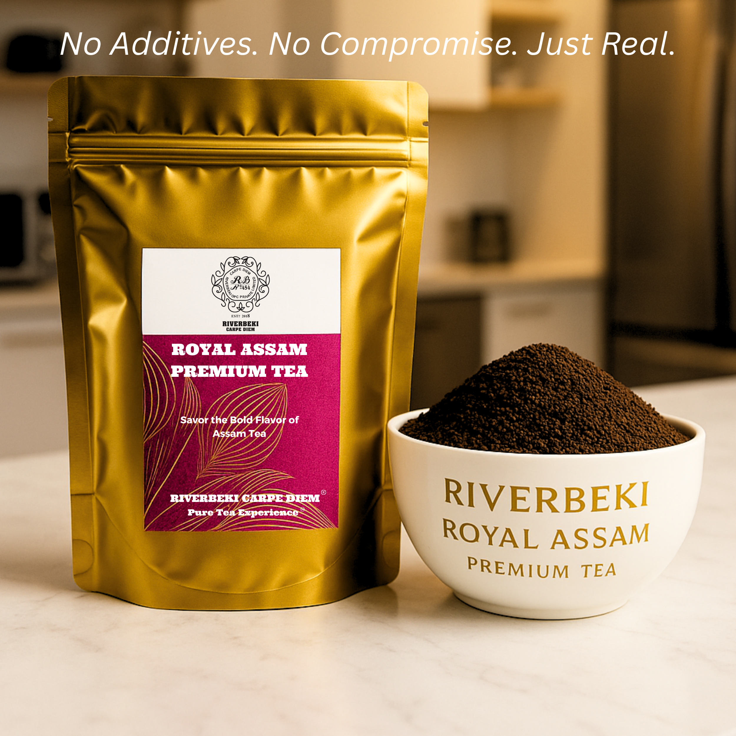 Close-up view of Riverbeki Royal Assam Premium Pouch with CTC Tea in bowl for display 
