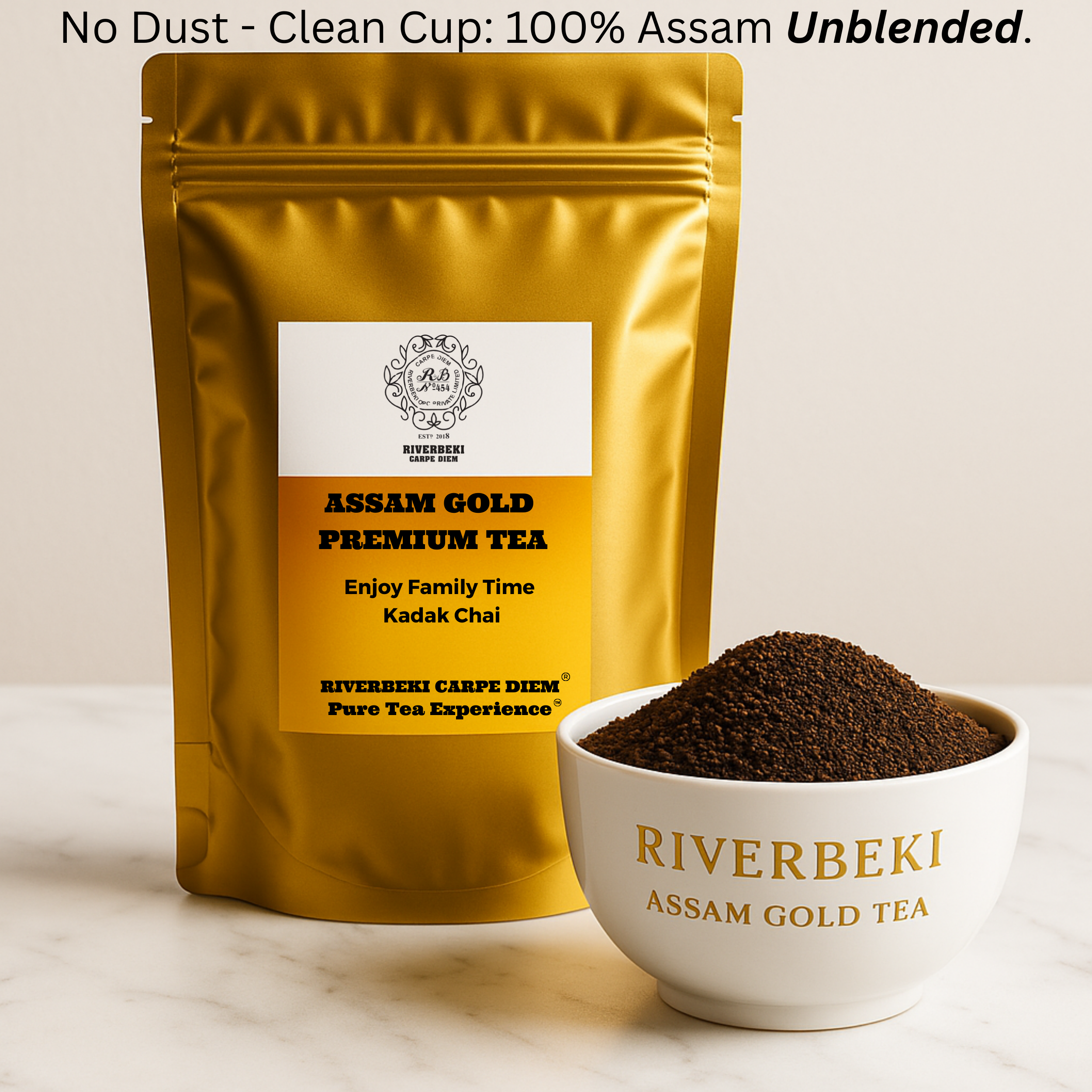 Front view of Riverbeki Assam Gold Premium Tea packet with matching Single Origin Unblended Assam CTC Tea on display by its side 